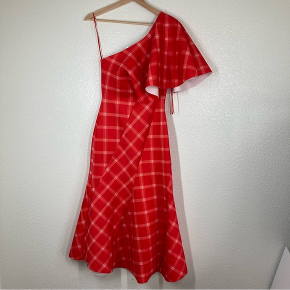 Asos peanut Girls One Shoulder Plaid Midi Dress Size 2 Red shawl Sleeve NWT - Picture 3 of 16